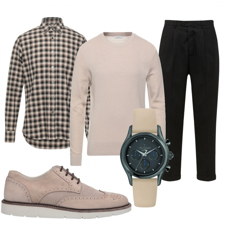 Outfit uomo - Tempo Al Tempo. Stile Casual per Ufficio. Abbinamento con scarpe stringate, camicie, orologi, pullovers, pantaloni capri.