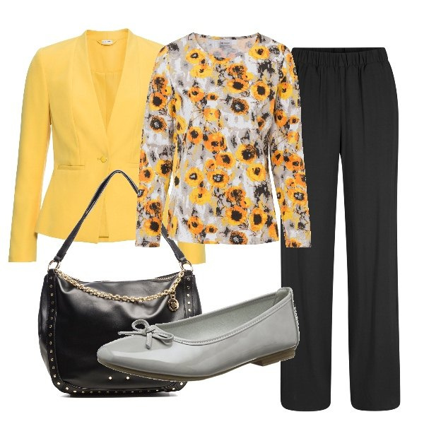 Outfit donna - Alla lavagna in comodità. Stile Casual chic per Scuola/Università. Abbinamento con pantaloni, blazer, maglieria, borse a spalla, ballerine.