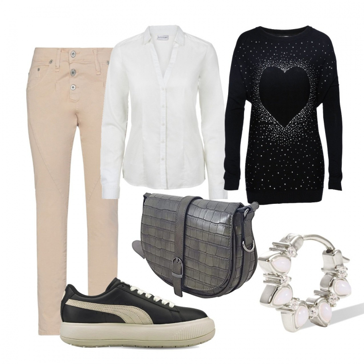Outfit donna - Oggi si corre. Stile Sporty chic per Tutti i giorni. Abbinamento con camicie, pullovers, pantaloni, orecchini, sneakers, borse a mano.