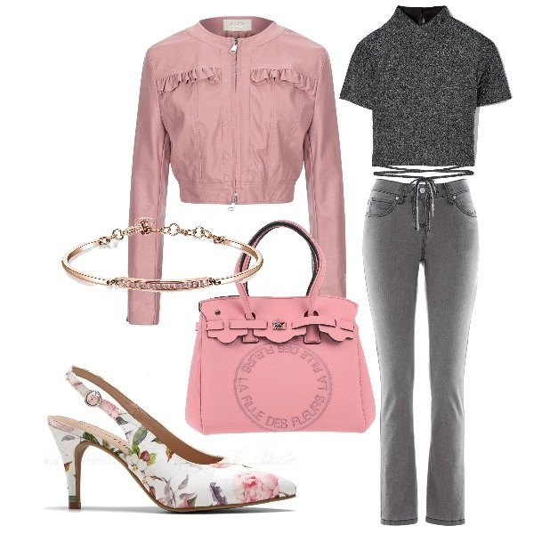 Outfit donna - Grigio e rosa romantici. Stile Romantica per Tutti i giorni. Abbinamento con jeans slim fit, décolleté, giacche, borse a mano, t-shirt, braccialetti.