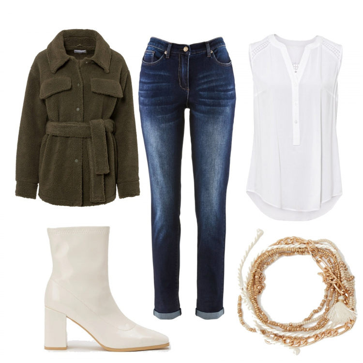 Outfit donna - Bianco e blu. Stile Basic per Tutti i giorni. Abbinamento con jeans boyfriend, top, giacche, stivaletti, braccialetti.