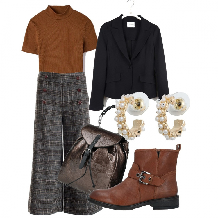 Outfit donna - Ancora dei pantapalazzo. Stile Casual chic per Tutti i giorni. Abbinamento con stivaletti, orecchini, zaini, t-shirt, blazer, pantaloni culotte.