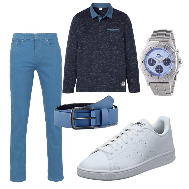Outfit uomo - La polo a manica lunga. Stile Casual per Tutti i giorni. Abbinamento con pantaloni, polo, sneakers, orologi, cinture.