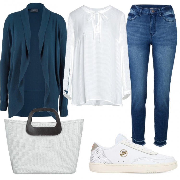 Outfit donna - Total look #1290449. Stile Casual per Scuola/Università. Abbinamento con cardigans, jeans, bluse, borse a mano, sneakers.