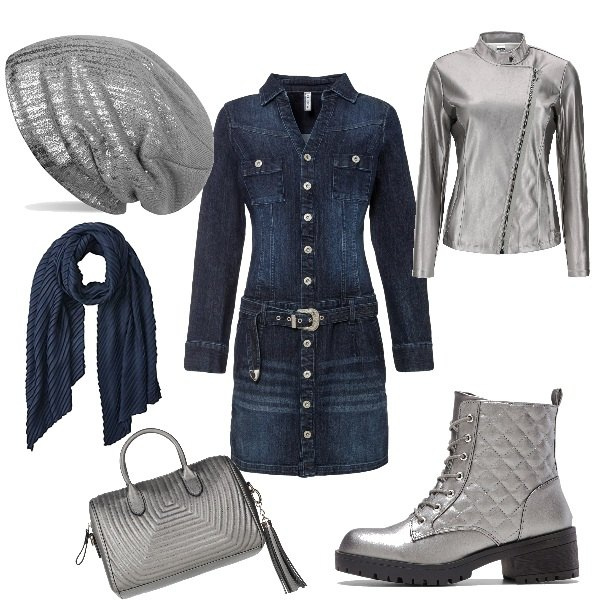Outfit donna - Abito blu in denim. Stile Trendy per Tutti i giorni. Abbinamento con vestiti, stivaletti, borse a mano, giacche, sciarpe, berretti.