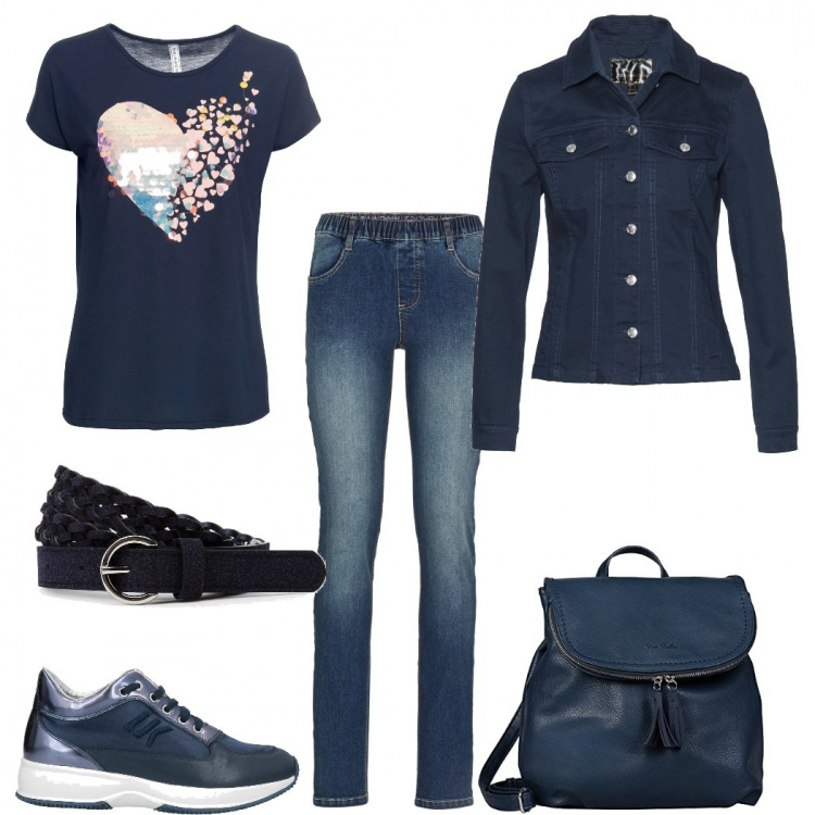Outfit donna - Curvy jeans. Stile Basic per Tutti i giorni. Abbinamento con sneakers, jeggings, t-shirt, blazer, cinture, zaini.
