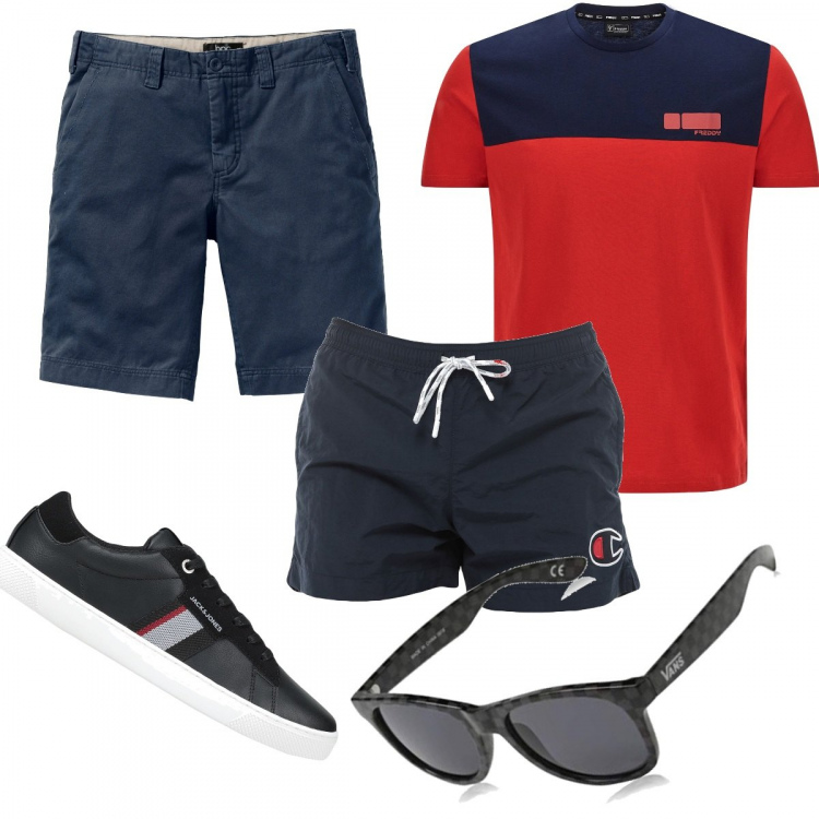 Outfit uomo - Blu e rosso per il mare. Stile Casual per Mare. Abbinamento con bermuda, sneakers, costumi, t-shirt, occhiali da sole.