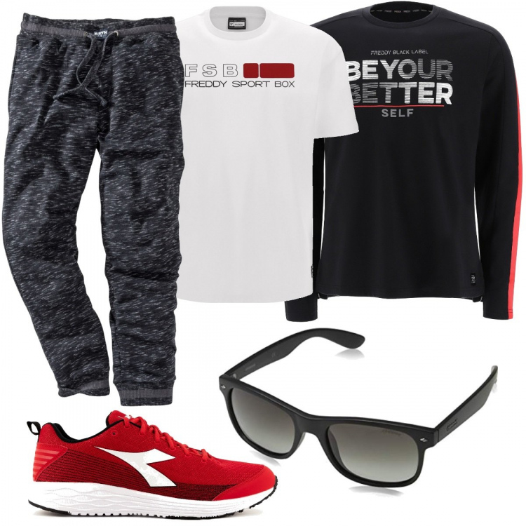Outfit uomo - Le scarpe rosse. Stile Urban per Tutti i giorni. Abbinamento con pantaloni, sneakers, t-shirt, t-shirt, occhiali da sole.