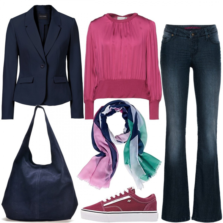 Outfit donna - Ogni giorno semplice con stile. Stile Basic per Tutti i giorni. Abbinamento con blazer, jeans bootcut, bluse, borse a spalla, sneakers, sciarpe.