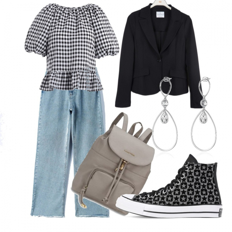 Outfit donna - I quadretti bn. Stile Casual chic per Scuola/Università. Abbinamento con bluse, jeans dritti, blazer, orecchini, sneakers, zaini.
