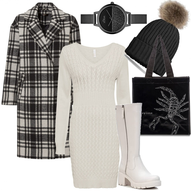 Outfit donna - La donna scorpione. Stile Casual per Scuola/Università. Abbinamento con vestiti, cappotti, shopping bag, berretti, orologi analogici, stivali.