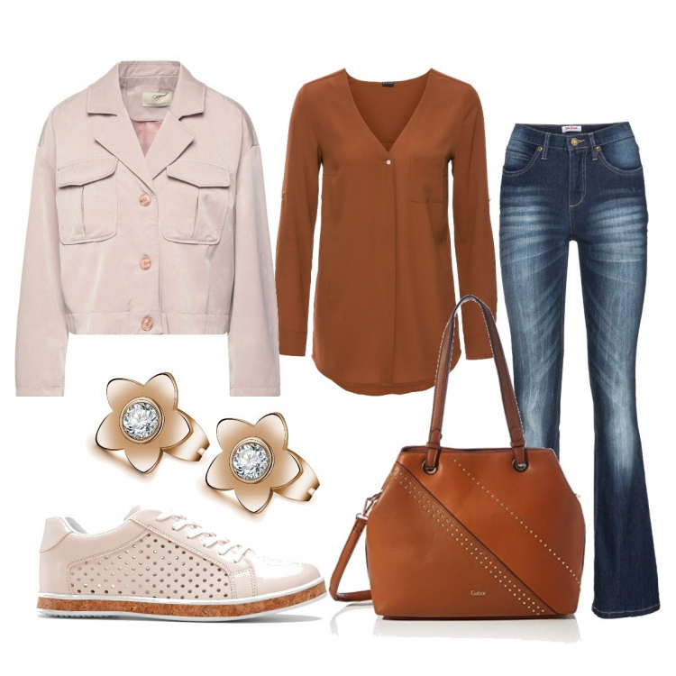 Outfit donna - Casual #5303. Stile Casual per Tutti i giorni. Abbinamento con camicie, sneakers, jeans bootcut, giacche, orecchini, shopping bag.