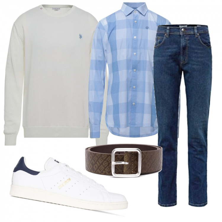 Outfit uomo - Pullover chiaro. Stile Casual per Ufficio. Abbinamento con sneakers, cinture, pullovers, camicie, jeans.