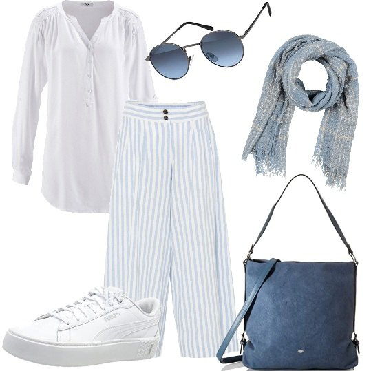 Outfit donna - Blu in città. Stile Basic per Tutti i giorni. Abbinamento con tuniche, pantaloni culotte, sciarpe, borse a tracolla, sneakers, occhiali da sole.