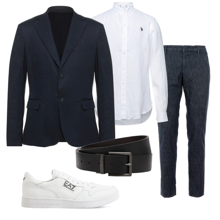 Outfit uomo - Blu. Stile Business/Elegante per Ufficio. Abbinamento con jeans slim fit, giacche, camicie, sneakers, cinture.
