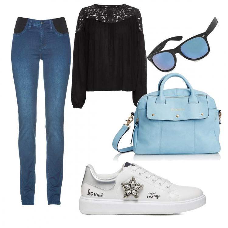 Outfit donna - Tutti i giorni in perfetto stile. Stile Casual per Tutti i giorni. Abbinamento con tuniche, jeans skinny, sneakers, borse tote, occhiali da sole.
