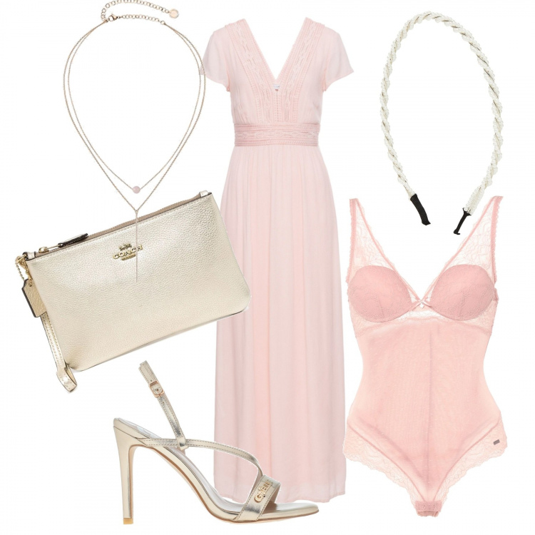 Outfit donna - Damigella d\'onore. Stile Bon Ton per Cerimonia. Abbinamento con vestiti lunghi, body, sandali col tacco, cerchietti, clutch, collane.
