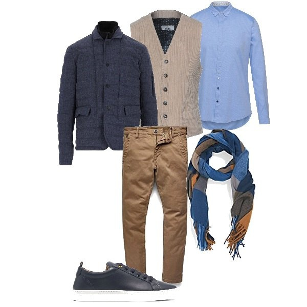 Outfit uomo - Ultimi freddi. Stile Casual per Ufficio. Abbinamento con sneakers, gilet, piumini, camicie, pantaloni skinny, sciarpe.