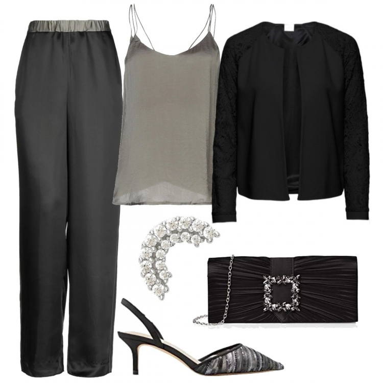 Outfit donna - I pantaloni di raso. Stile Chic per Serata fuori. Abbinamento con blazer, pantaloni, top, orecchini, scarpe col tacco, pochette.