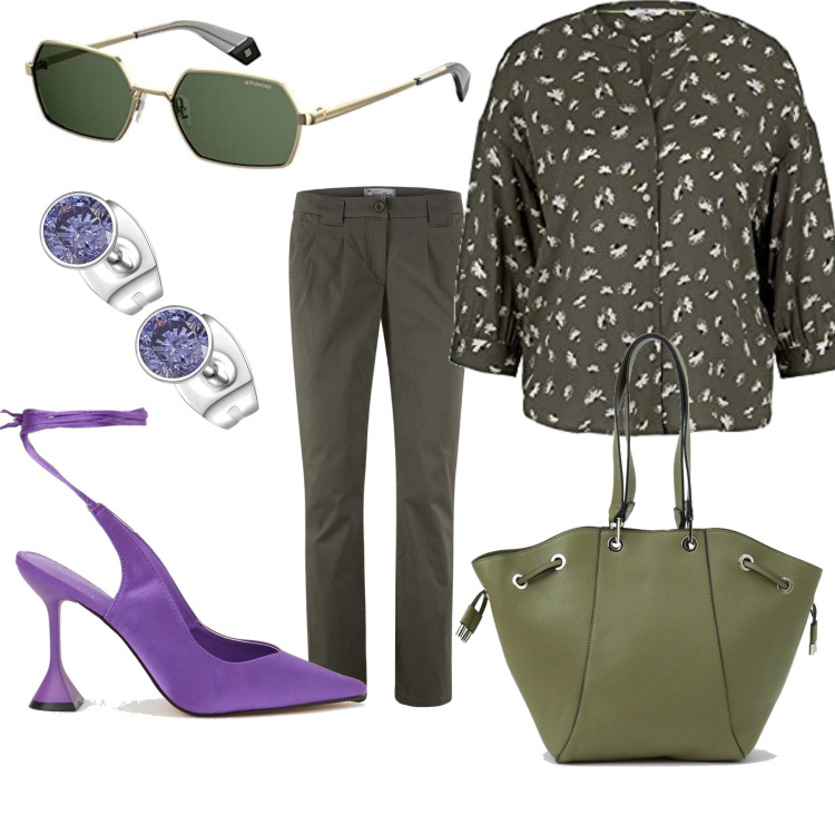 Outfit donna - Menta e lavanda. Stile Casual chic per Tutti i giorni. Abbinamento con pantaloni chino, borse a secchiello, décolleté, orecchini, bluse, occhiali da sole.