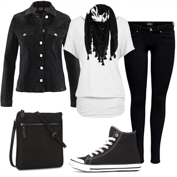Outfit mujer - Comienzo de primavera. Estilo Basic para Todos los días. Combinación con bolsos de mano, pantalones, camiseta, blazers, zapatos deportivos, bufandas.