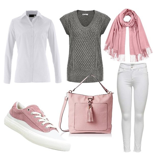 Outfit donna - Rosa, Bianco e Grigio. Stile Basic per Tutti i giorni. Abbinamento con camicie, jeans skinny, gilet, sciarpe, borse a tracolla, sneakers alte.