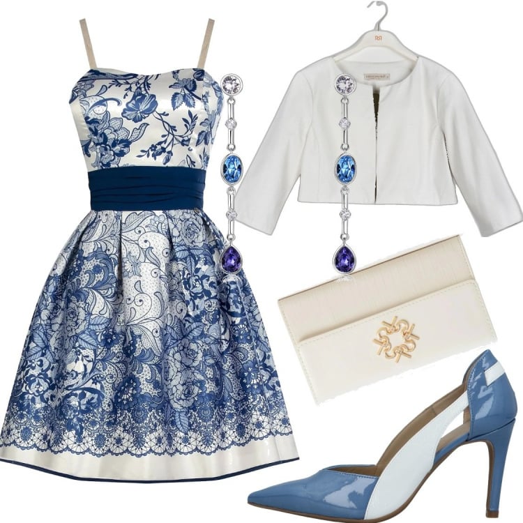 Outfit donna - Tessuti lucidi e Co.. Stile Chic per Cerimonia. Abbinamento con décolleté, orecchini, blazer, vestiti corti, pochette.