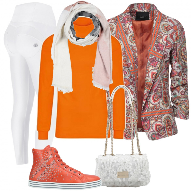 Outfit donna - Sportiva. Stile Urban per Sport. Abbinamento con sneakers, blazer, sciarpe, borse a tracolla, pantaloni skinny, maglieria.