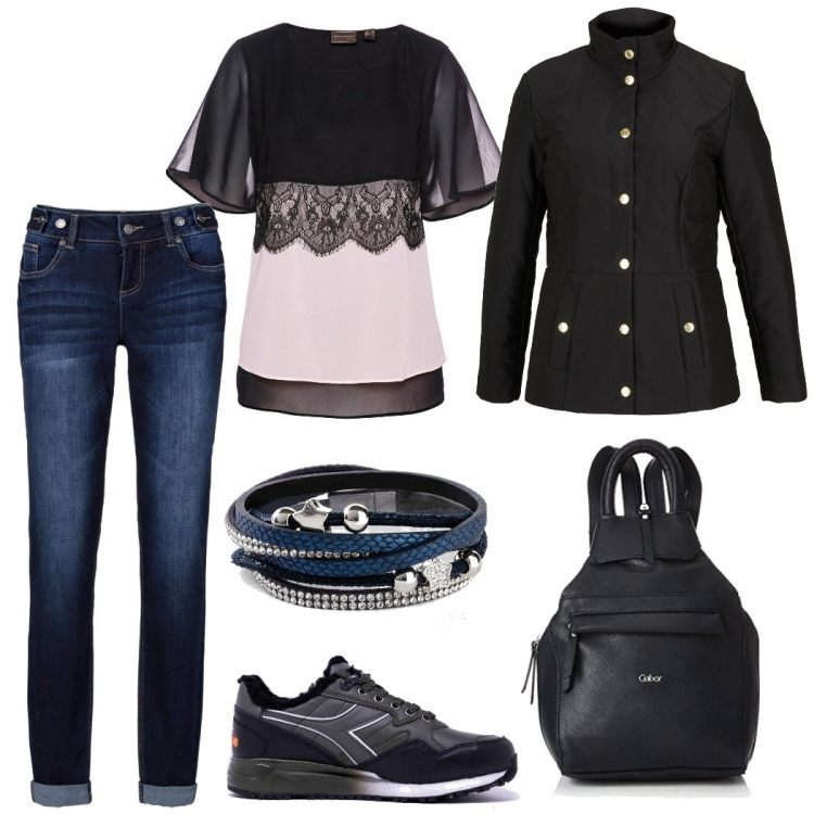 Outfit donna - Casual #5360. Stile Casual per Tutti i giorni. Abbinamento con jeans boyfriend, tuniche, giacche, braccialetti, sneakers, zaini.