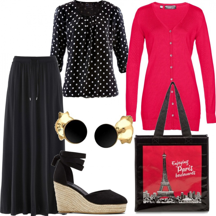 Outfit donna - Casual chic #5762. Stile Casual chic per Tutti i giorni. Abbinamento con gonne, tuniche, décolleté, cardigans, shopping bag, orecchini.