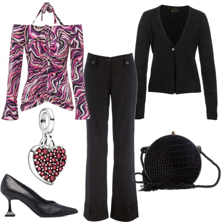 Outfit donna - Trendy low-cost. Stile Trendy per Serata fuori. Abbinamento con pantaloni, maglieria, cardigans, borse a tracolla, décolleté, ciondoli.