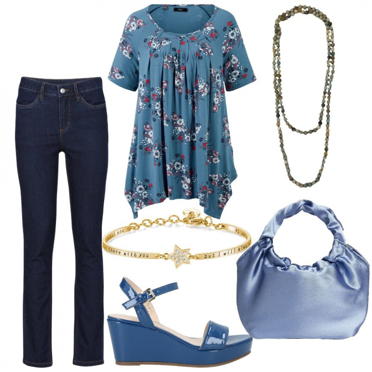 Outfit donna - Tra azzurro e blu. Stile Boho per Mare. Abbinamento con maglieria, jeans, sandali in pelle, borse a mano, collane, braccialetti.