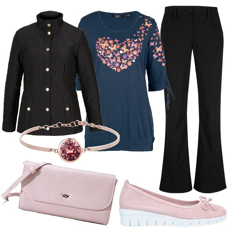 Outfit donna - Tutti i giorni con stile. Stile Casual per Tutti i giorni. Abbinamento con décolleté, maglieria, giacche, pantaloni, braccialetti, borse a tracolla.