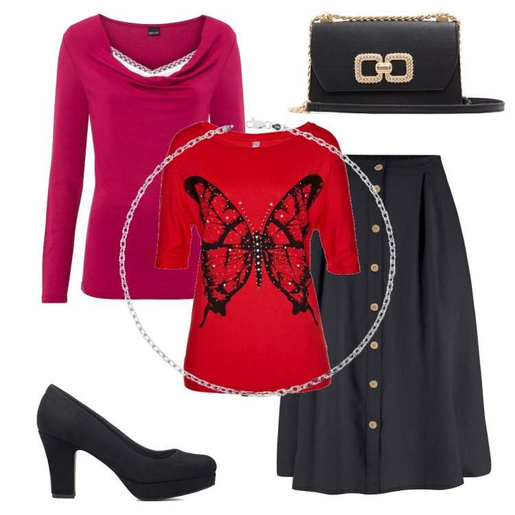 Outfit donna - Casual chic #5764. Stile Casual chic per Tutti i giorni. Abbinamento con gonne longuette, t-shirt, maglieria, décolleté, borse a tracolla, collane.