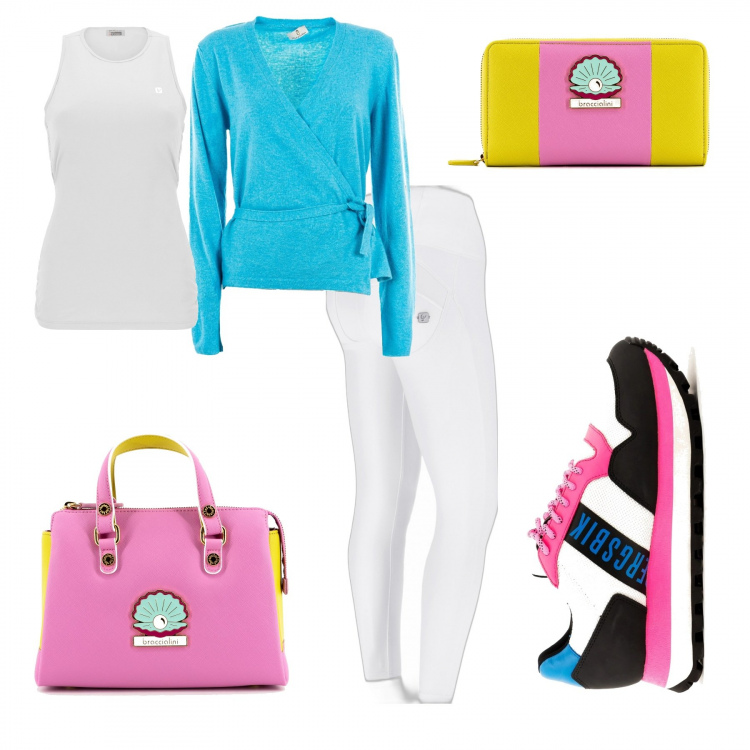 Outfit donna - Fluo glamour. Stile Sporty chic per Tutti i giorni. Abbinamento con sneakers, cardigans, borse a tracolla, portafogli, pantaloni skinny, canottiere.