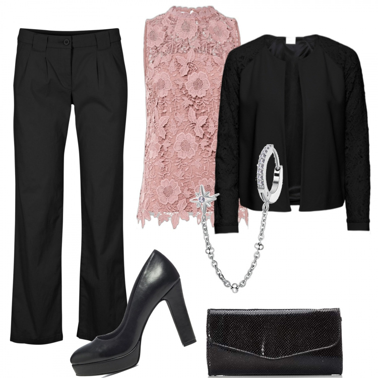 Outfit donna - Cerimonia di mezza stagione. Stile Chic per Cerimonia. Abbinamento con blazer, top, pantaloni chino, orecchini, décolleté, clutch.