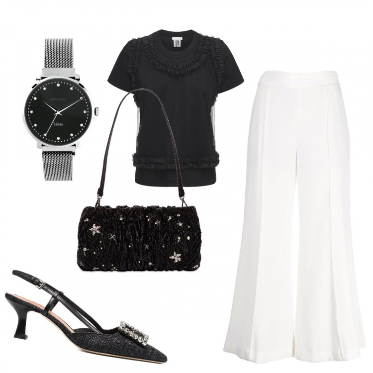 Outfit donna - Estate a Riccione. Stile Minimal per Serata fuori. look ideale per Tall. Abbinamento con orologi, pantaloni a palazzo, décolleté, t-shirt, borse a spalla.