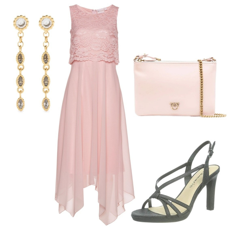 Outfit donna - Rosa e verde. Stile Bon Ton per Cerimonia. Abbinamento con vestiti midi/longuette, clutch, orecchini, sandali col tacco.