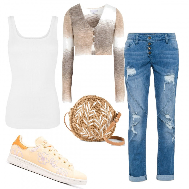 Outfit donna - Tutti i giorni son diversi. Stile Minimal per Tutti i giorni. Abbinamento con jeans boyfriend, borse a tracolla, cardigans, sneakers, canottiere.