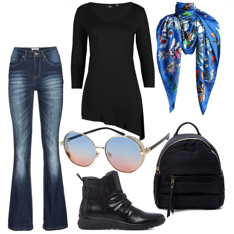 Outfit donna - Casual #5392. Stile Casual per Tutti i giorni. Abbinamento con maglieria, jeans bootcut, sciarpe, stivaletti, occhiali da sole, borse a mano.