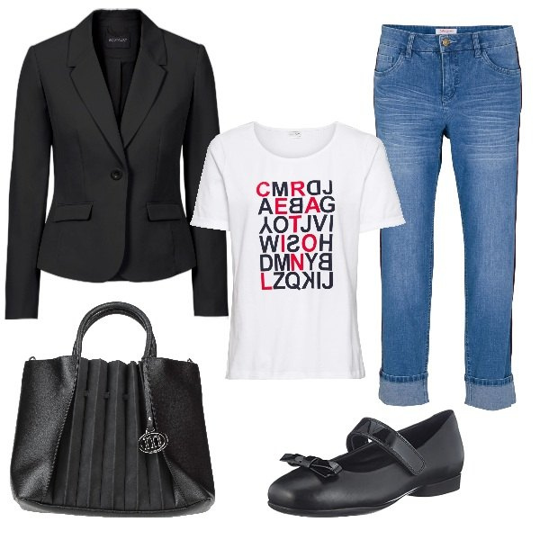 Outfit donna - Jeans e blazer. Stile Casual per Ufficio. Abbinamento con borse a mano, blazer, jeans boyfriend, t-shirt, ballerine.