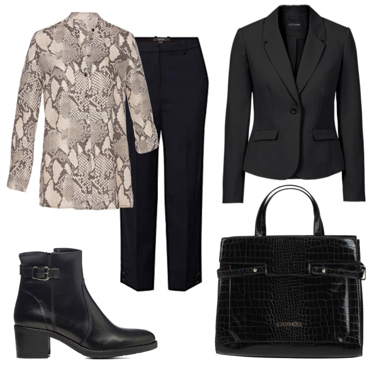 Outfit donna - Lunedì al lavoro. Stile Mannish per Ufficio. Abbinamento con borse a mano, blazer, camicie, stivaletti, pantaloni.