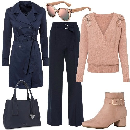 Outfit donna - Primavera. Stile Casual chic per Tutti i giorni. Abbinamento con maglieria, trench, pantaloni, stivaletti, borse a mano, occhiali da sole.