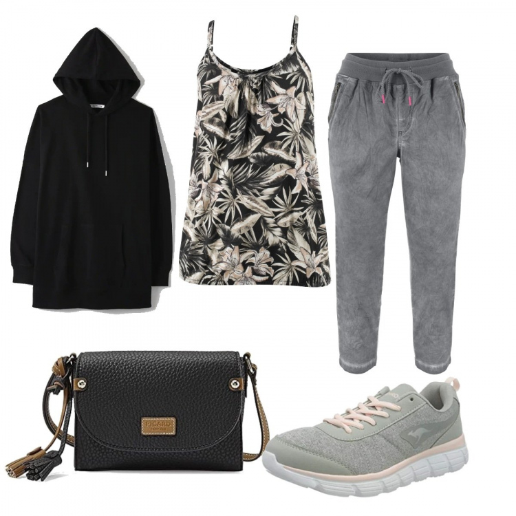 Outfit donna - Total look #1293093. Stile Sporty chic per Tutti i giorni. Abbinamento con pantaloni capri, top, felpe con cappuccio, borse a tracolla, sneakers.