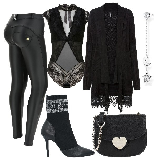 Outfit donna - Total look #1293130. Stile Sexy per Serata fuori. Abbinamento con body, cardigans, borse a tracolla, stivaletti, pantaloni skinny, orecchini.