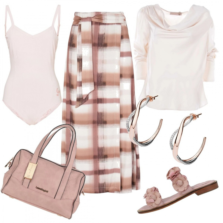 Outfit donna - Informale. Stile Casual per Ufficio. Abbinamento con gonne lunghe, sandali in pelle, borse a mano, bluse, orecchini, body.