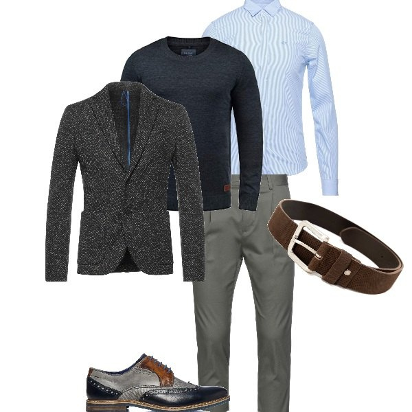 Outfit uomo - Total look #1293319. Stile Casual per Ufficio. Abbinamento con cinture, scarpe stringate, pantaloni capri, giacche, camicie, maglieria.