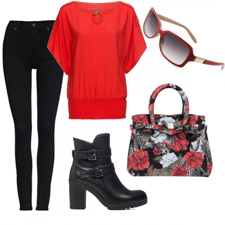 Outfit donna - Stivaletti con il tacco. Stile Basic per Tutti i giorni. Abbinamento con bluse, borse a mano, stivaletti, jeans skinny, occhiali da sole.