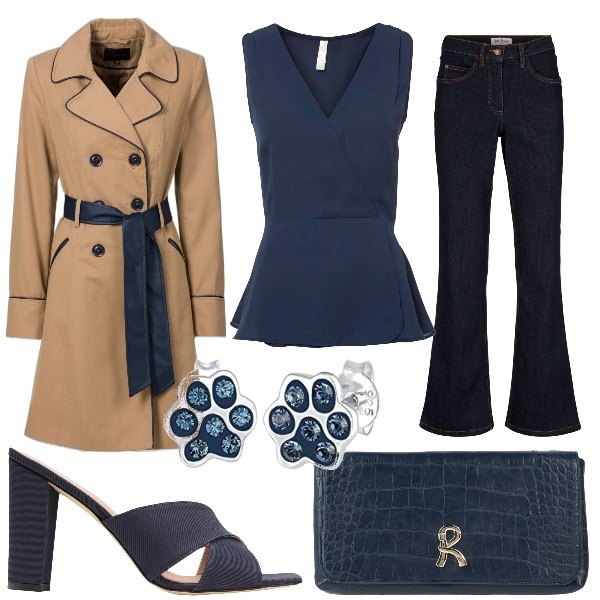Outfit donna - Uscita con amiche. Stile Casual chic per Serata fuori. Abbinamento con trench, jeans bootcut, bluse, sandali col tacco, borse a mano, orecchini.