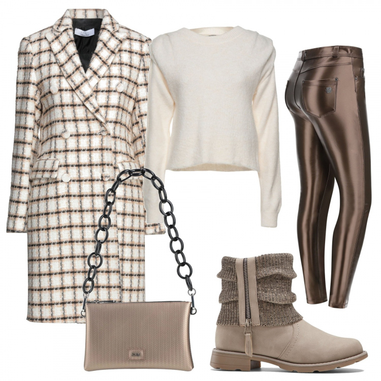 Outfit donna - Cappotto a quadri. Stile Casual per Tutti i giorni. Abbinamento con stivaletti, cappotti, pullovers, borse a mano, pantaloni skinny.